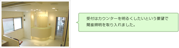 受付はカウンターを明るくしたいという要望で間接照明を取り入れました。